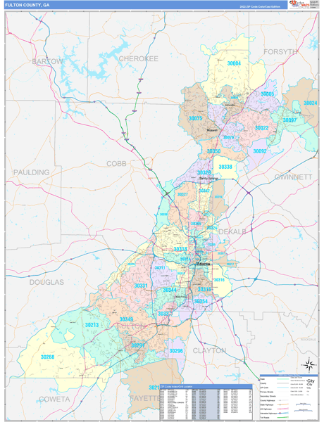 Fulton County, GA Wall Map Color Cast Style