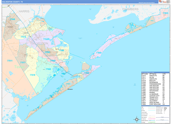 Galveston County Wall Map Color Cast Style