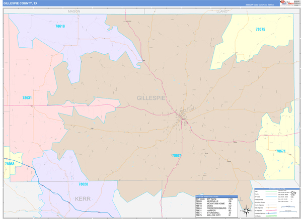 Gillespie County, TX Wall Map Color Cast Style