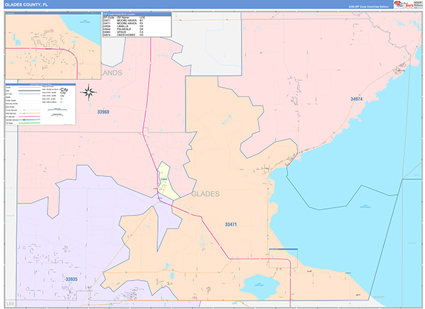 Glades County, FL Wall Map Color Cast Style