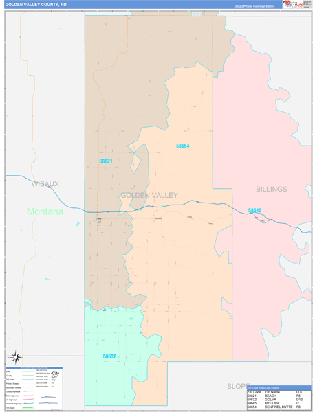 Golden Valley County, Nd Wall Map Color Cast Style By Marketmaps - Mapsales