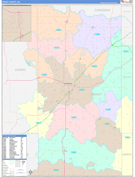 Grady County, OK Wall Map Color Cast Style