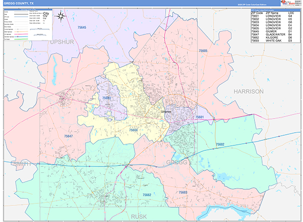 Gregg County, TX Zip Code Map