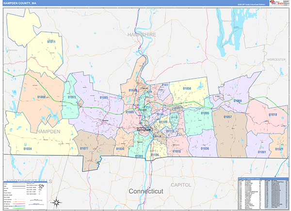 Hampden County, MA Wall Map Color Cast Style