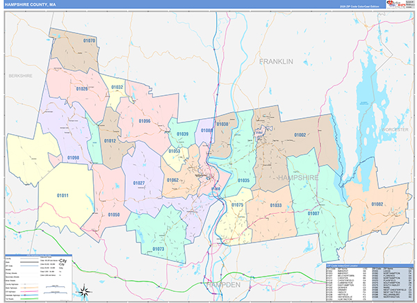Hampshire County, MA Wall Map Color Cast Style