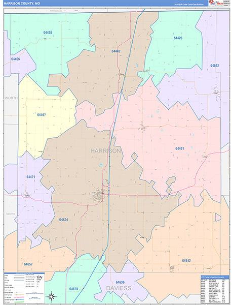Harrison County, MO Map Color Cast Style