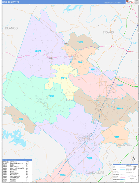 Hays County, TX Zip Code Map