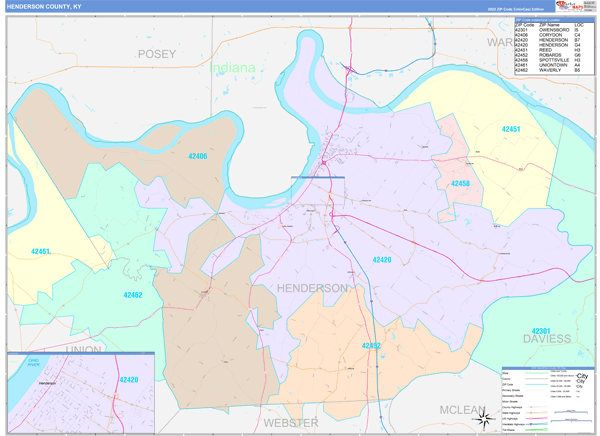 Henderson County Ky 5 Digit Zip Code Maps Color Cast 0747