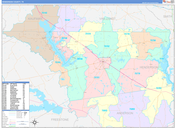Henderson County, TX Zip Code Map