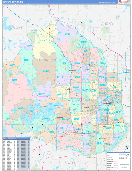 Hennepin County, MN Wall Map Color Cast Style