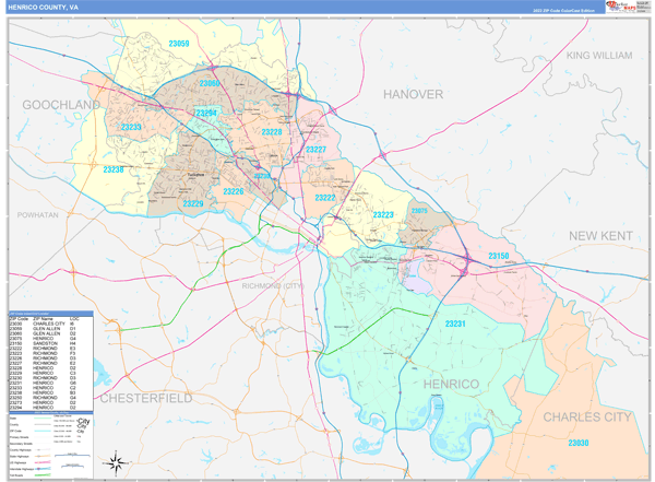 Henrico County, VA Wall Map Color Cast Style