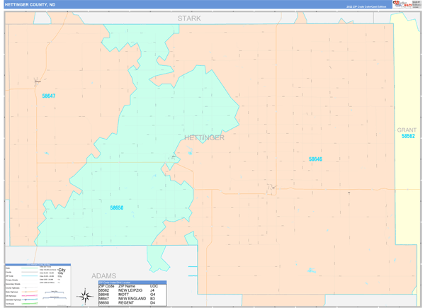 Hettinger County, ND Zip Code Map