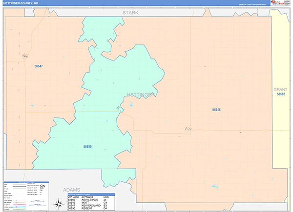 Hettinger County, ND Wall Map Color Cast Style