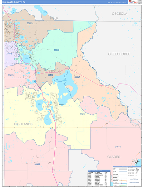 Highlands County Wall Map Color Cast Style
