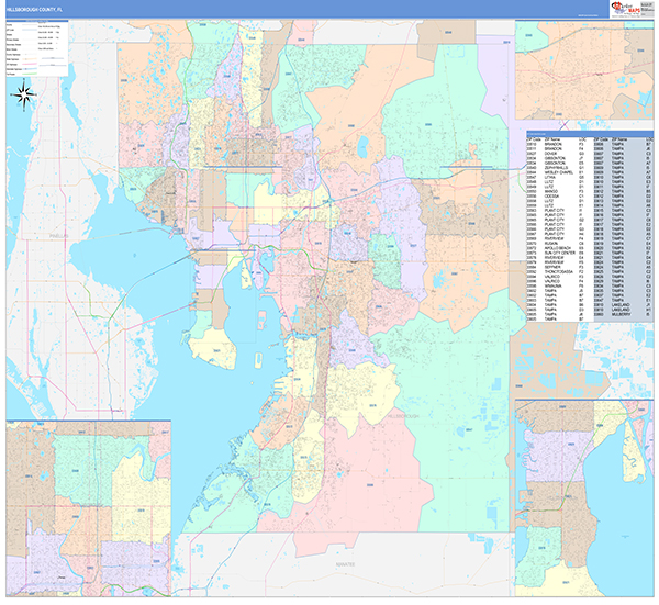 Hillsborough County Wall Map Color Cast Style