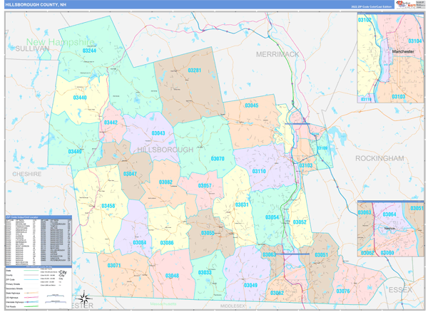 Hillsborough County, NH Wall Map Color Cast Style