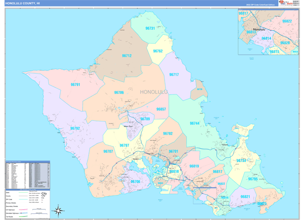 Honolulu County Wall Map Color Cast Style