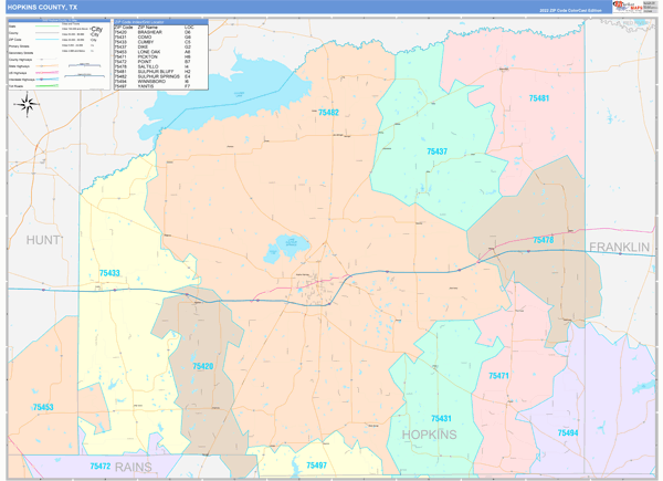 Hopkins County Wall Map Color Cast Style
