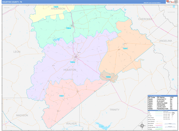 Houston County, TX Zip Code Map