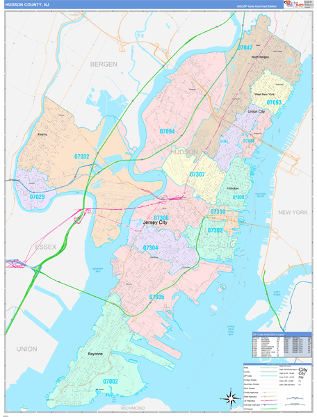 Hudson County NJ Wall Map Color Cast Style by MarketMAPS MapSales