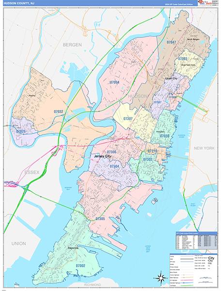 Hudson County, NJ Zip Code Map