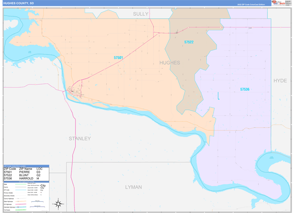 Hughes County, SD Wall Map Color Cast Style