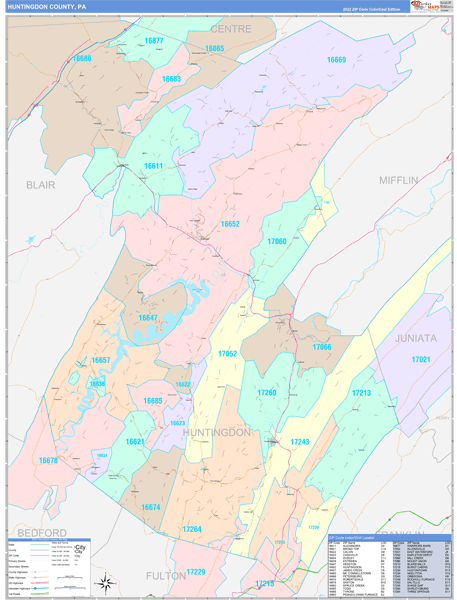 Huntingdon County, PA Wall Map Color Cast Style
