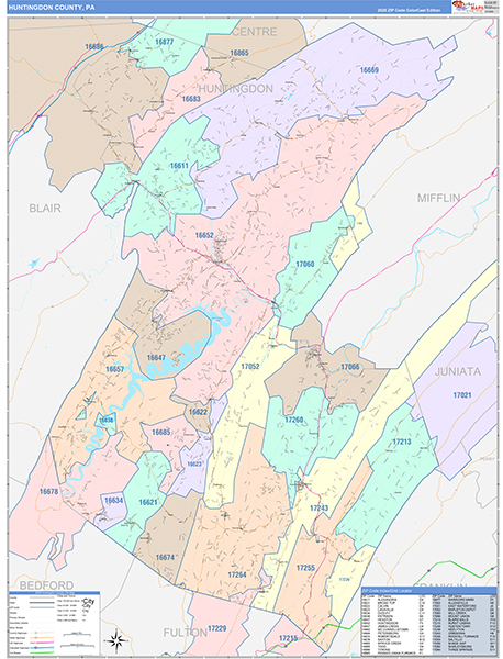 Huntingdon County, PA Wall Map Color Cast Style