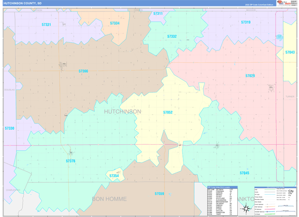 Hutchinson County, SD Wall Map Color Cast Style