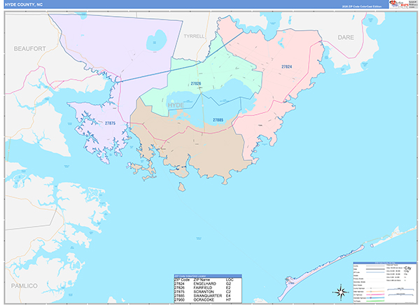 Hyde County, NC Wall Map Color Cast Style
