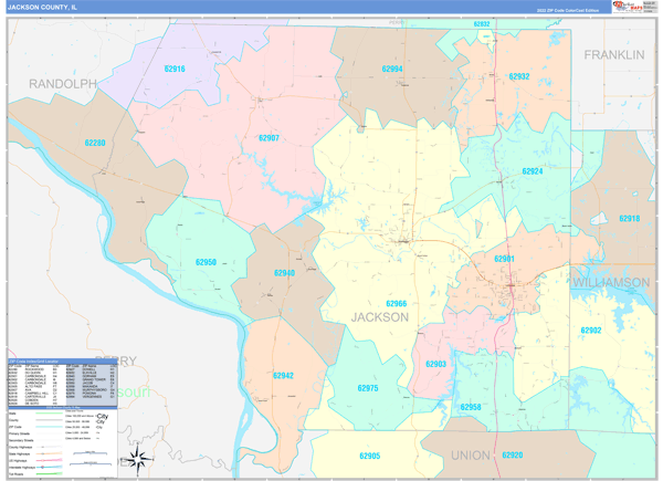 Jackson County, IL Wall Map Color Cast Style