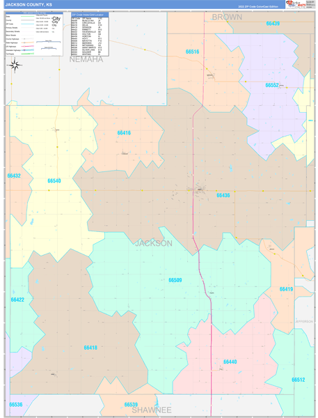 Jackson County KS 5 Digit Zip Code Maps Color Cast