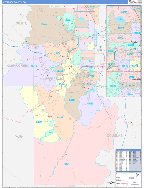 Jefferson County, CO Wall Map Color Cast Style