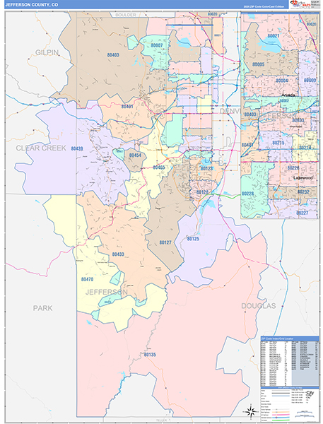 Jefferson County Wall Map Color Cast Style