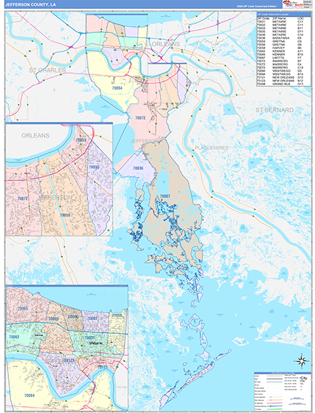 Jefferson Parish (County), LA Wall Map Color Cast Style