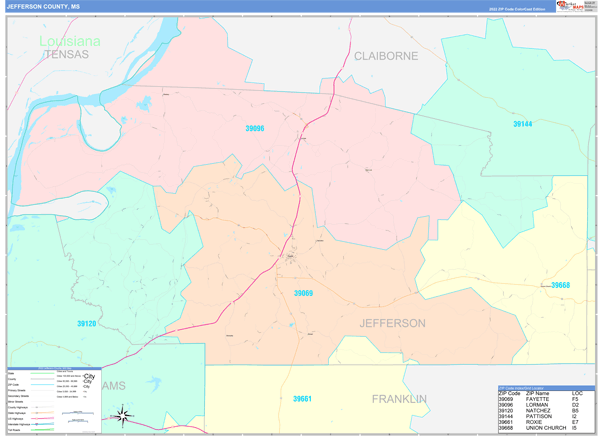 Jefferson County, MS Wall Map Color Cast Style
