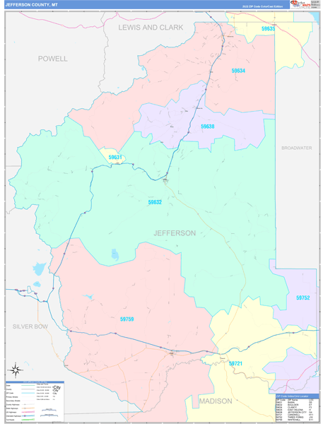 Jefferson County, MT Zip Code Maps - Color Cast