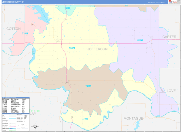 Jefferson County, OK Wall Map Color Cast Style