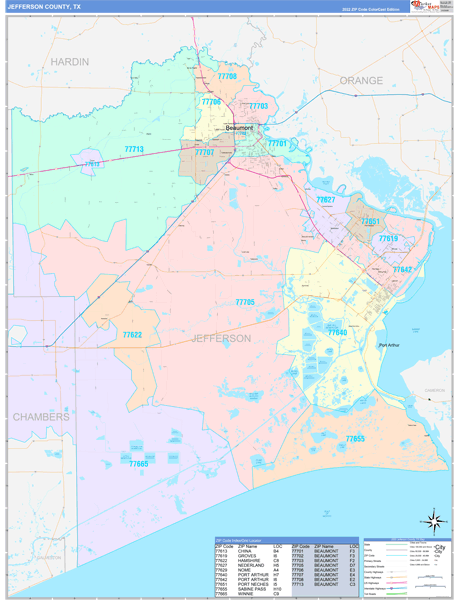Jefferson County, TX Wall Map Color Cast Style