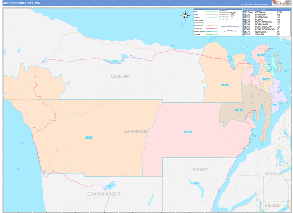 Jefferson County, WA Wall Map Color Cast Style