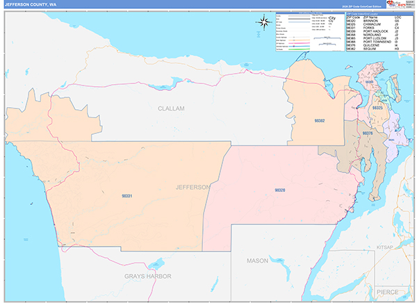 Jefferson County, WA Wall Map Color Cast Style