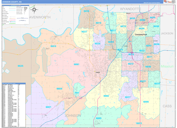 Johnson County, KS Wall Map Color Cast Style by MarketMAPS - MapSales