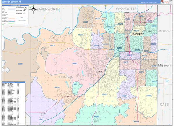 Johnson County, KS Wall Map Color Cast Style