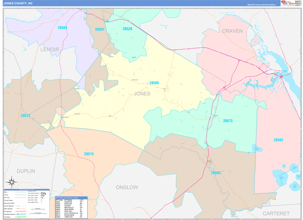 Jones County, NC Wall Map Color Cast Style