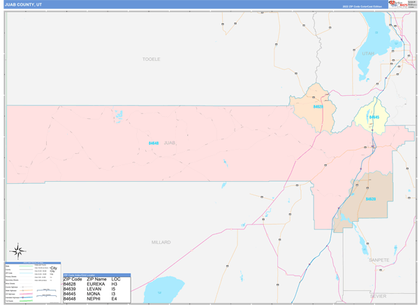 Juab County Wall Map Color Cast Style