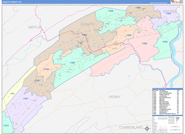 Juniata County, PA Wall Map Color Cast Style