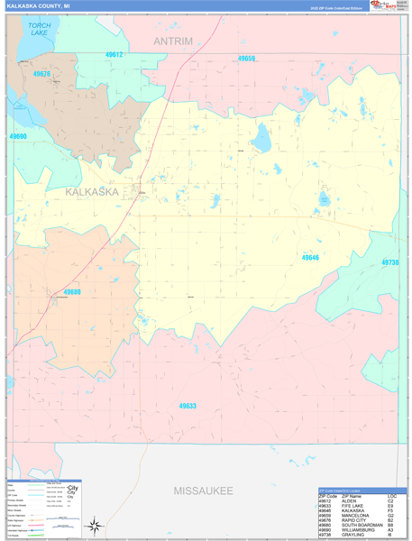 Kalkaska County, MI Wall Map Color Cast Style