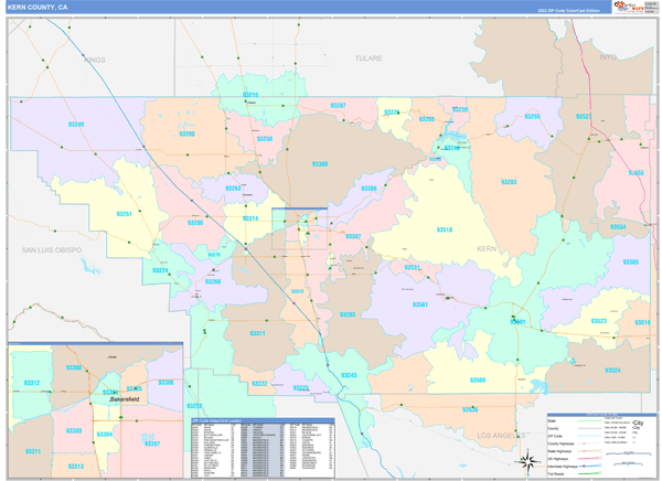 Kern County Wall Map Color Cast Style