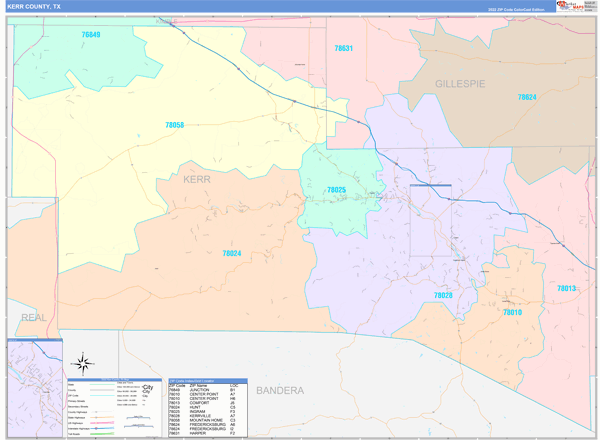 Kerr County Wall Map Color Cast Style