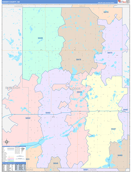 Kidder County, ND Wall Map Color Cast Style